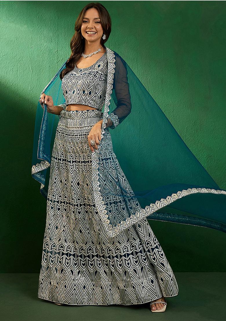 Teal Sequin Embellished Lehenga Set