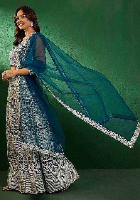 Teal Sequin Embellished Lehenga Set
