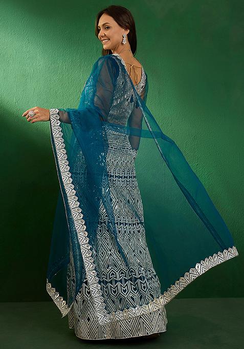 Teal Sequin Embellished Lehenga Set