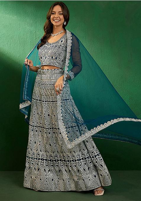 Teal Sequin Embellished Lehenga Set
