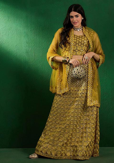 Mustard Sequin Embroidered Net Lehenga Set