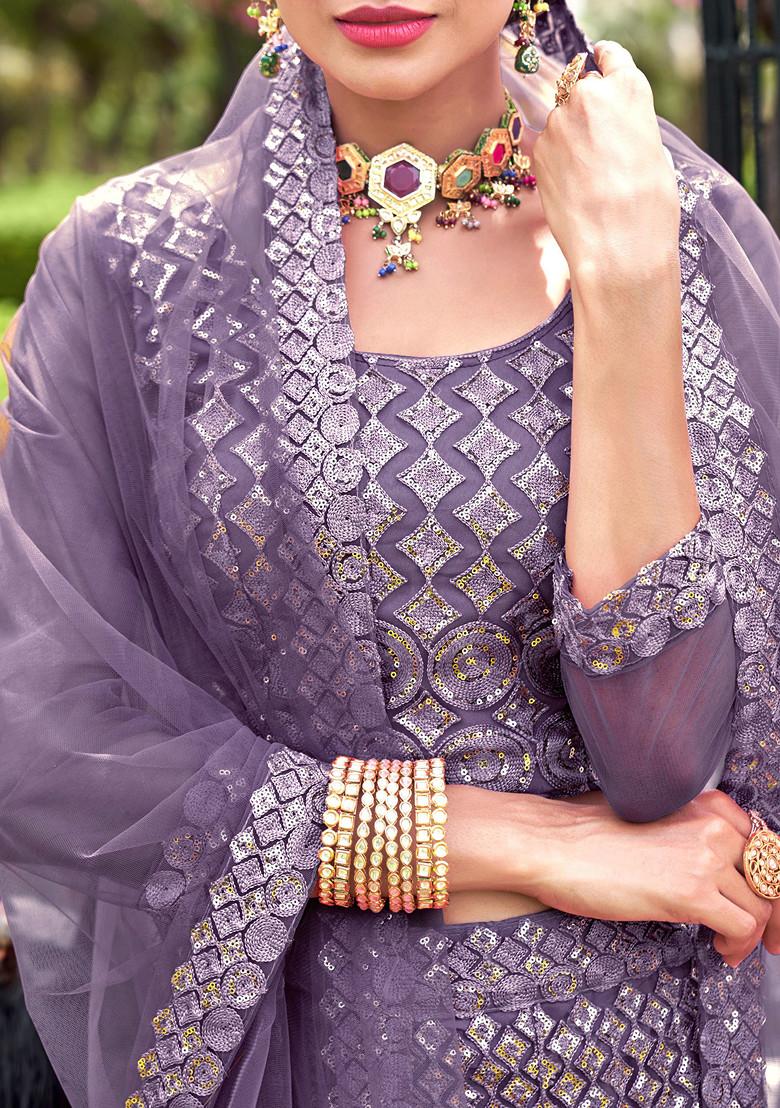 Dark Lavender Sequin Embroidered Net Lehenga Set - Indya