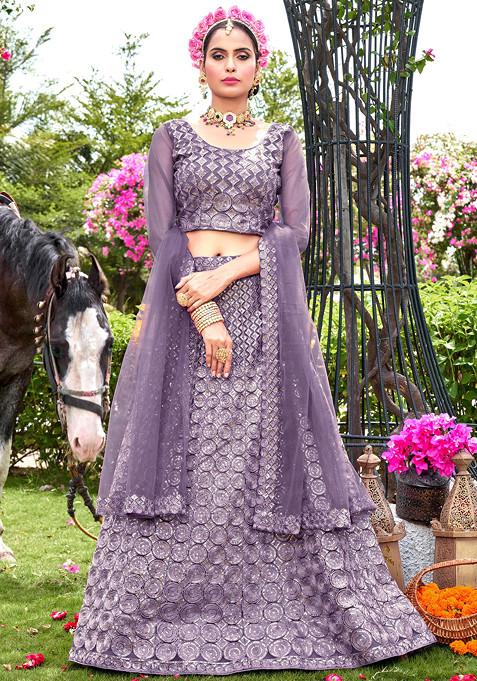 Dark Lavender Sequin Embroidered Net Lehenga Set