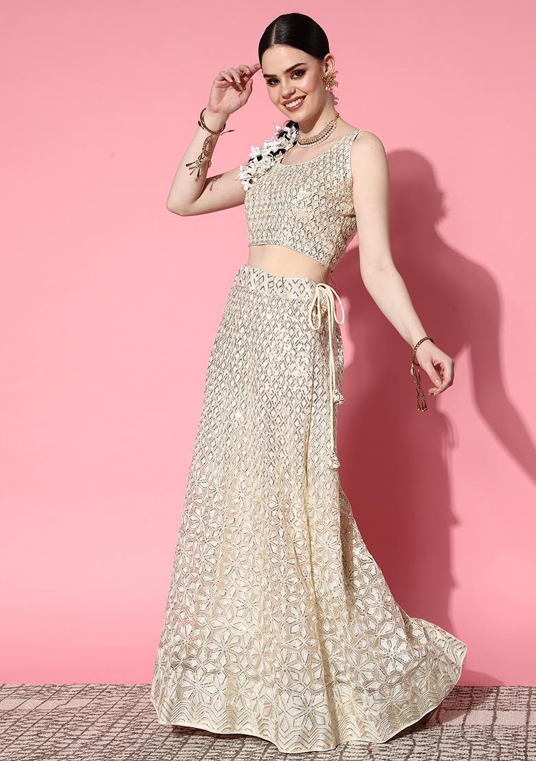 Off White Sequin Embroidered Net Lehenga Set