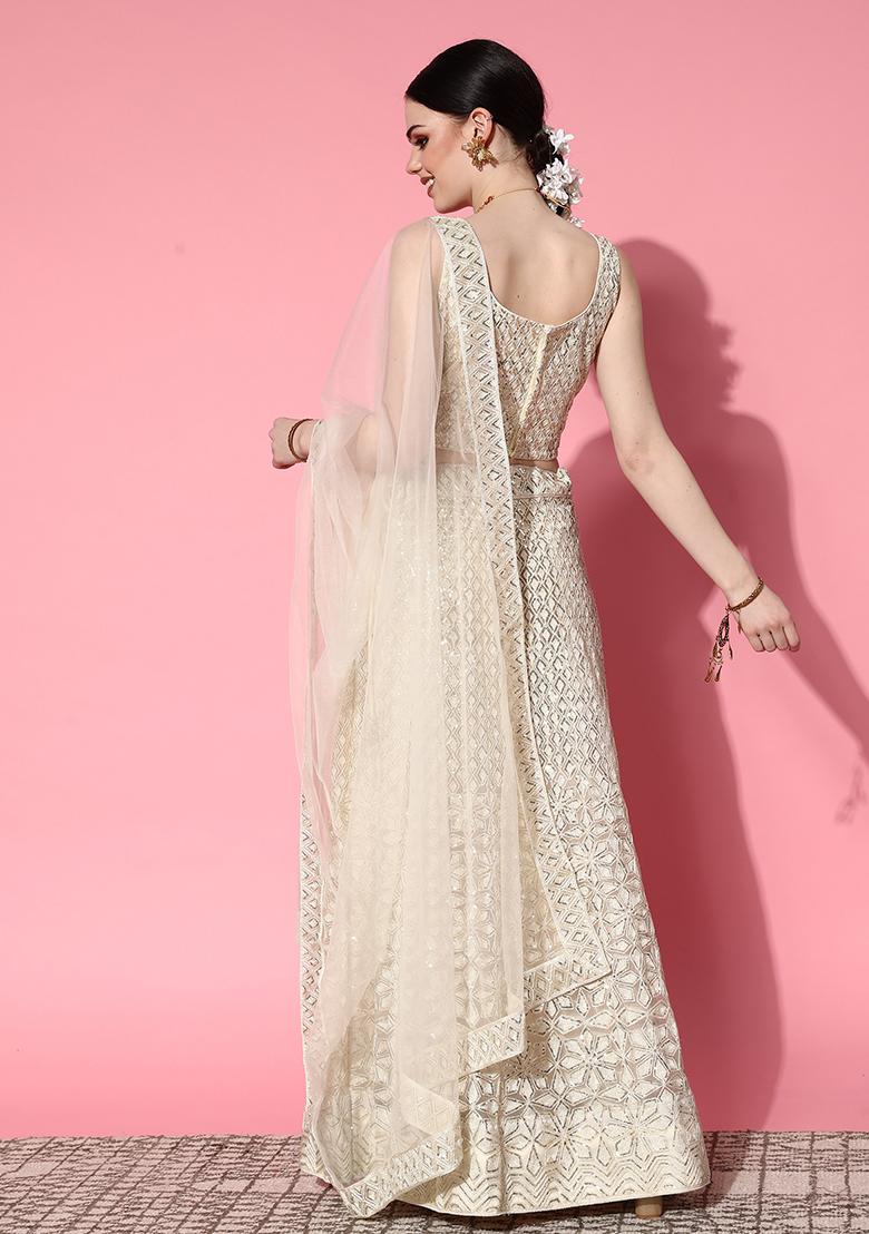 Off White Sequin Embroidered Net Lehenga Set