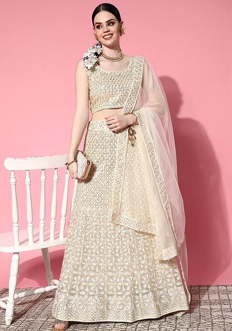 Off White Sequin Embroidered Net Lehenga Set