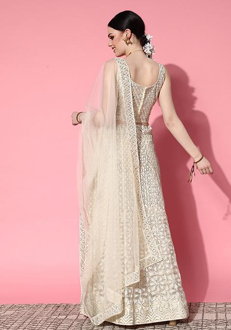 Off White Sequin Embroidered Net Lehenga Set