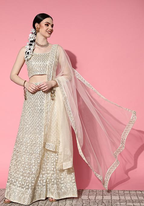 Off White Sequin Embroidered Net Lehenga Set