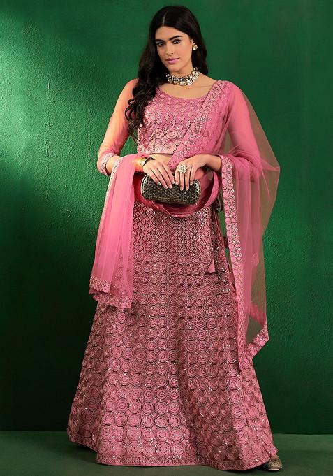 Pink Sequin Embroidered Net Lehenga Set