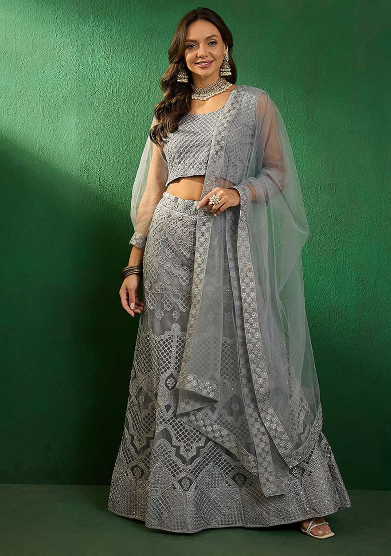 Grey Sequin Embroidered Net Lehenga Set - Indya
