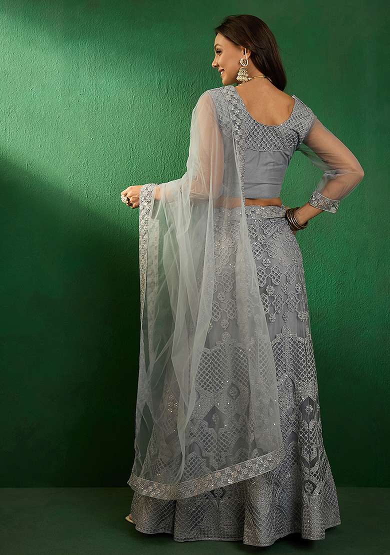 Grey Sequin Embroidered Net Lehenga Set - Indya