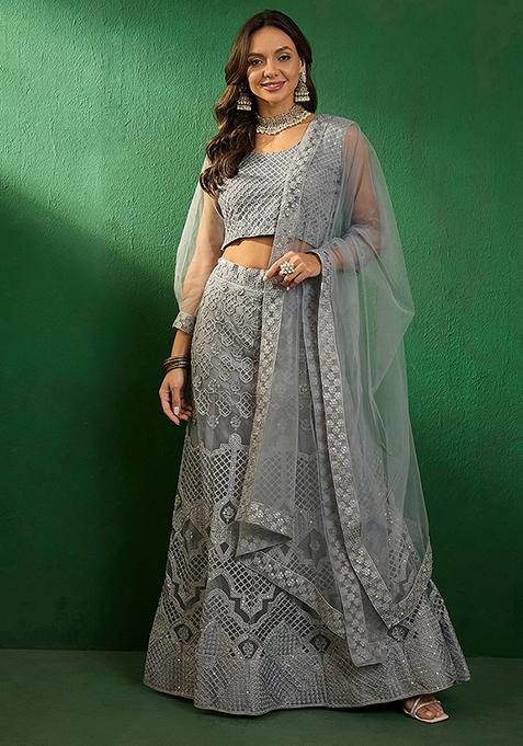 Grey Sequin Embroidered Net Lehenga Set