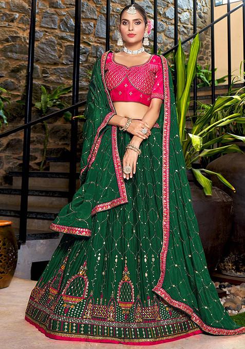 Green Sequin Thread Embroidered Satin Lehenga Set