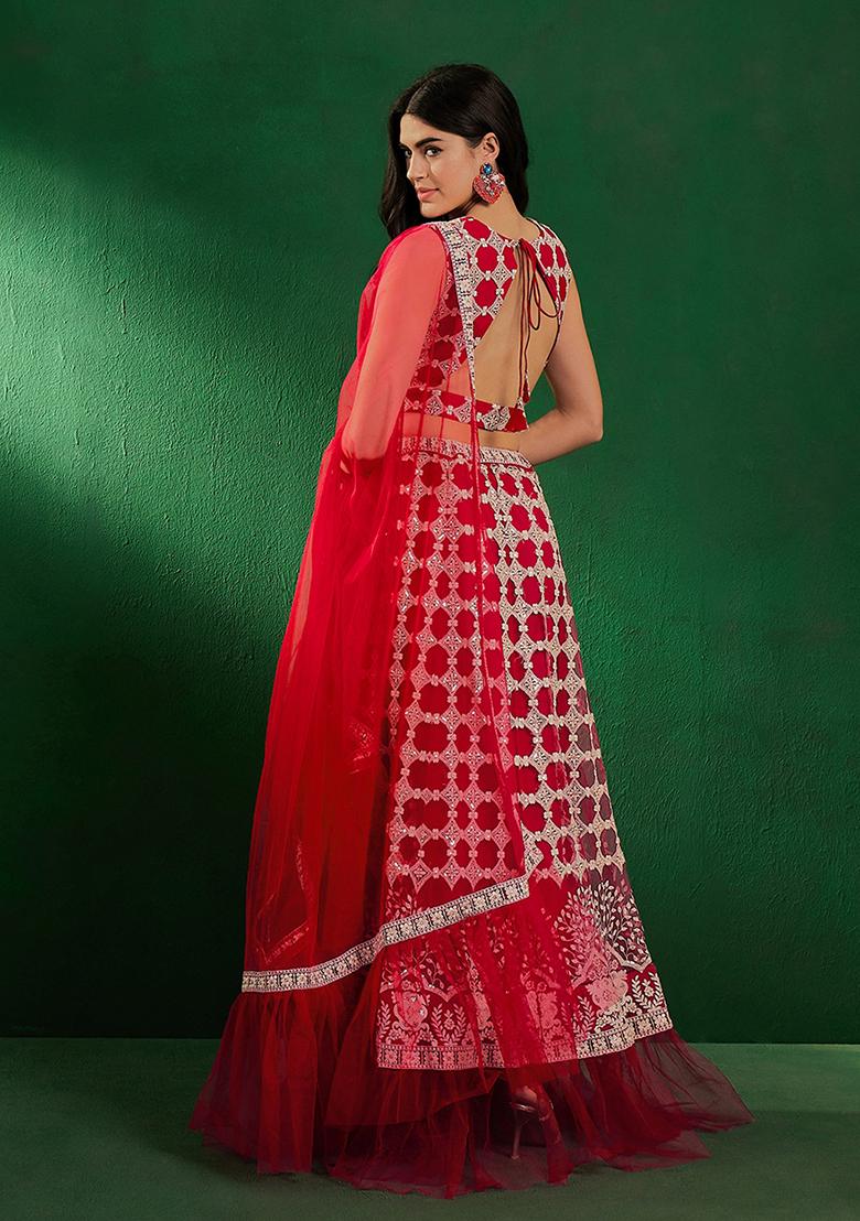 Pink And White Sequin Embroidered Net Lehenga Set