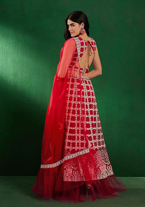 Pink And White Sequin Embroidered Net Lehenga Set