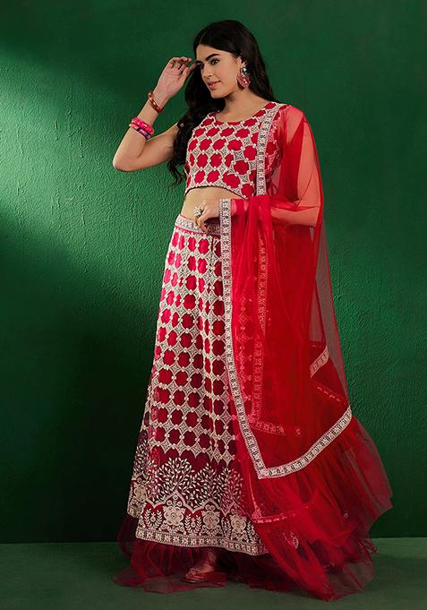 Pink And White Sequin Embroidered Net Lehenga Set