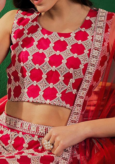 Pink And White Sequin Embroidered Net Lehenga Set