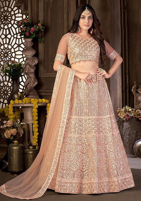 Peach Sequin Embroidered Net Lehenga Set