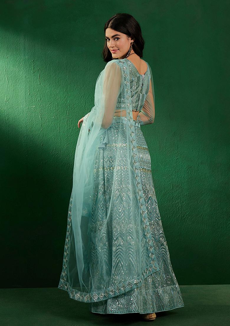 Turquoise Sequin Embroidered Net Lehenga Set