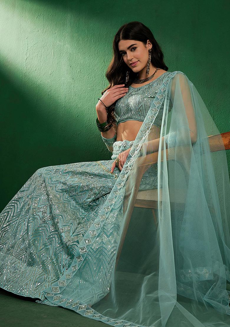 Turquoise Sequin Embroidered Net Lehenga Set