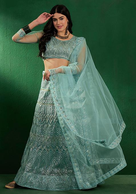 Turquoise Sequin Embroidered Net Lehenga Set