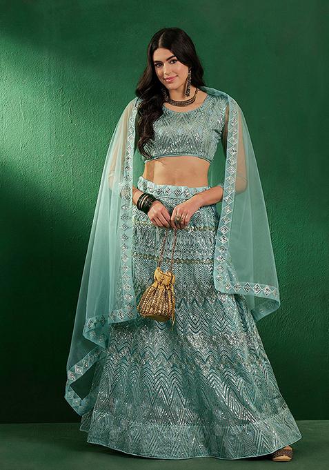 Turquoise Sequin Embroidered Net Lehenga Set