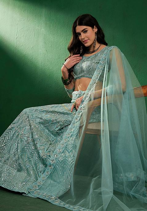 Turquoise Sequin Embroidered Net Lehenga Set
