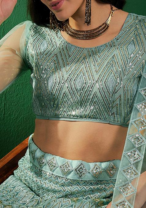 Turquoise Sequin Embroidered Net Lehenga Set