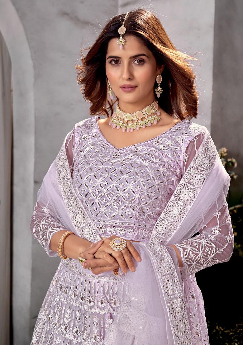Lavender Sequin Embroidered Net Lehenga Set - Indya
