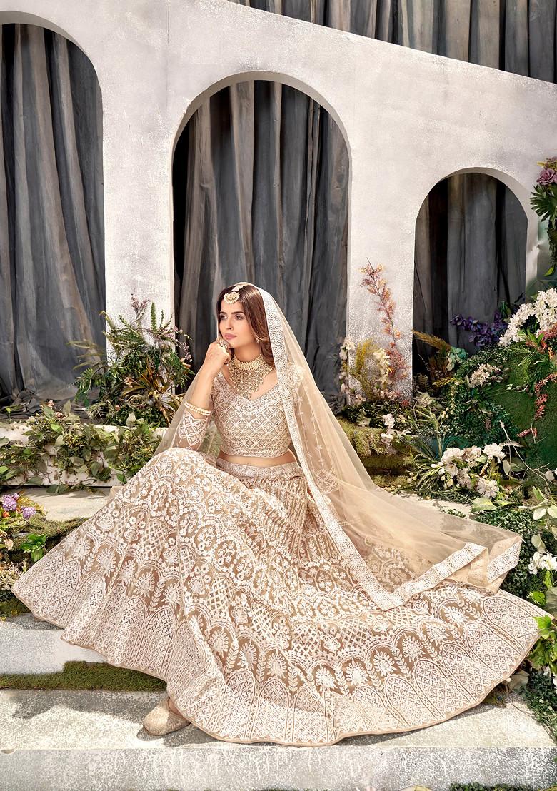Beige Sequin Embroidered Net Lehenga Set - Indya
