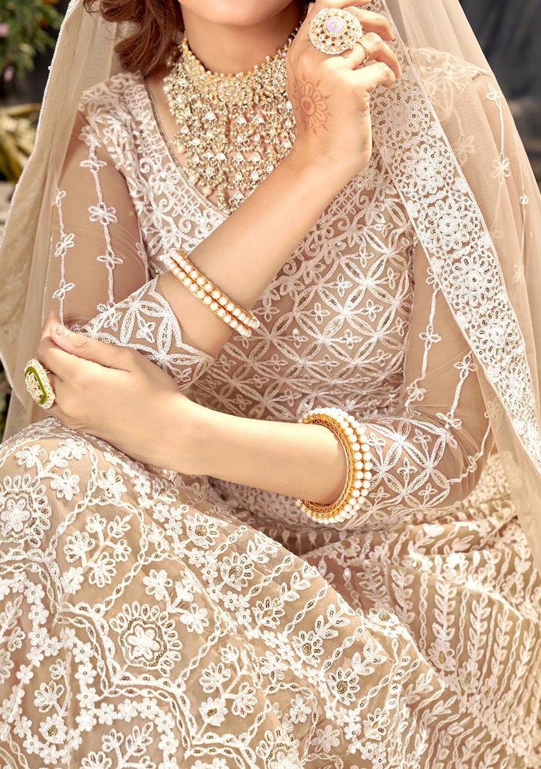 Beige Sequin Embroidered Net Lehenga Set - Indya