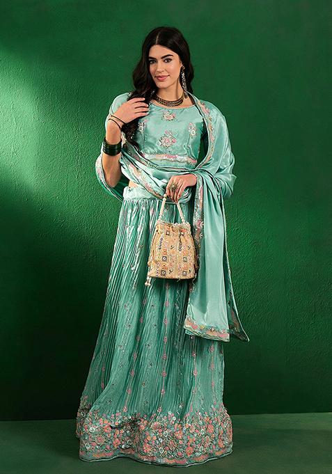 Sky Blue Sequin Zari Embroidered Net Lehenga Set