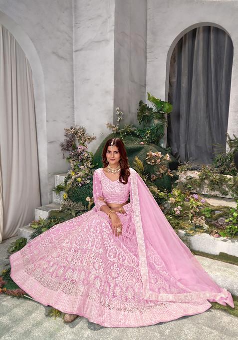 Baby Pink Sequin Embroidered Net Lehenga Set