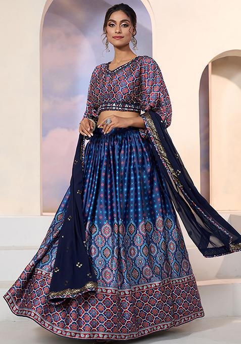 Blue Digital Print Embroidered Satin Lehenga Set