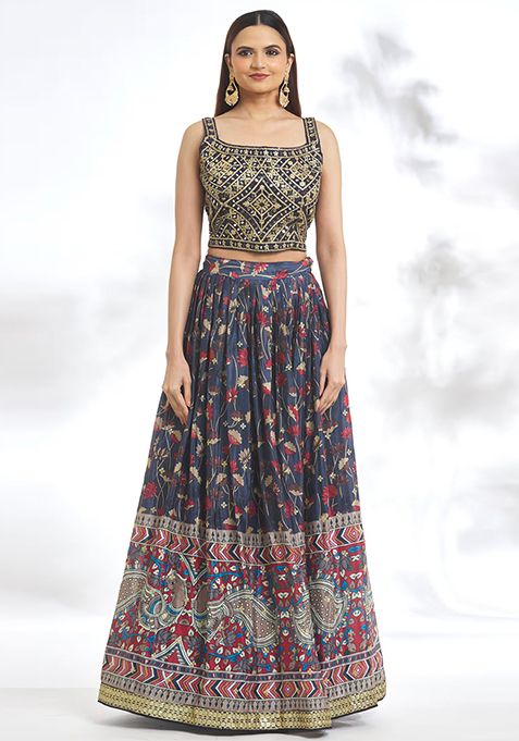 Blue Digital Print Sequin Embroidered Lehenga Set