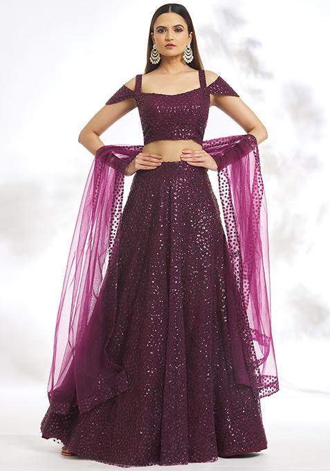 Purple Sequin Embroidered Chinon Silk Lehenga Set