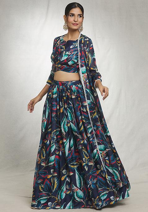 Blue Digital Print Sequin Embroidered Lehenga Set