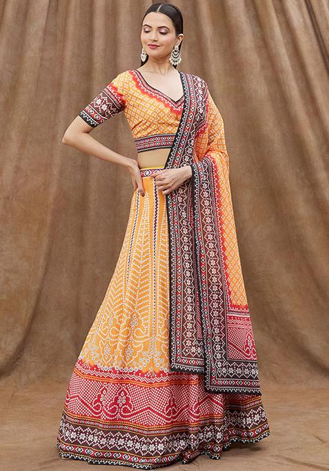 Orange Digital Print Chinon Lehenga Set