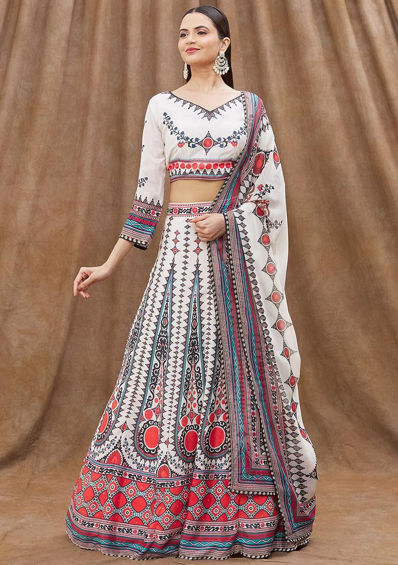 White Digital Print Chinon Lehenga Set