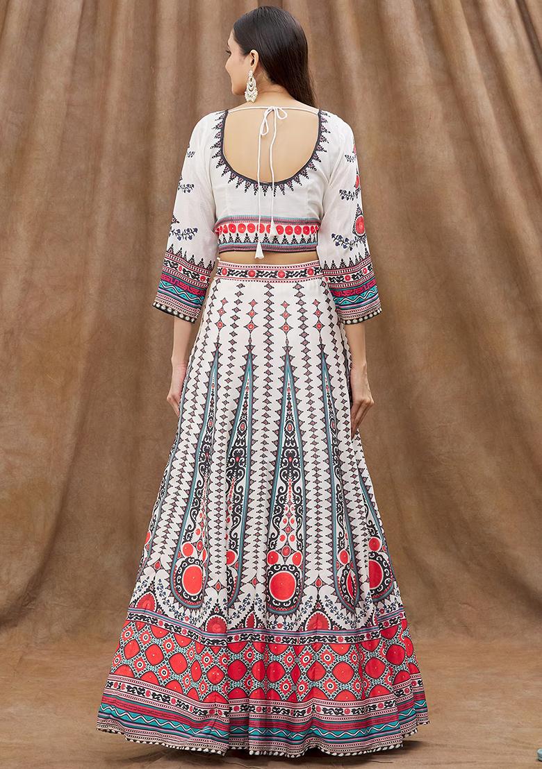 White Digital Print Chinon Lehenga Set