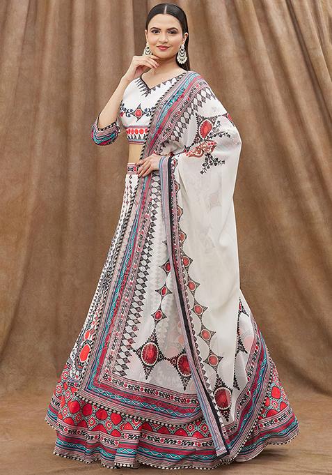 White Digital Print Chinon Lehenga Set