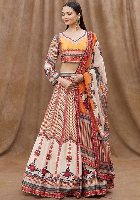 Cream Digital Print Chinon Lehenga Set