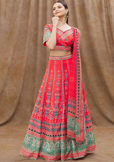 Red Digital Print Chinon Lehenga Set