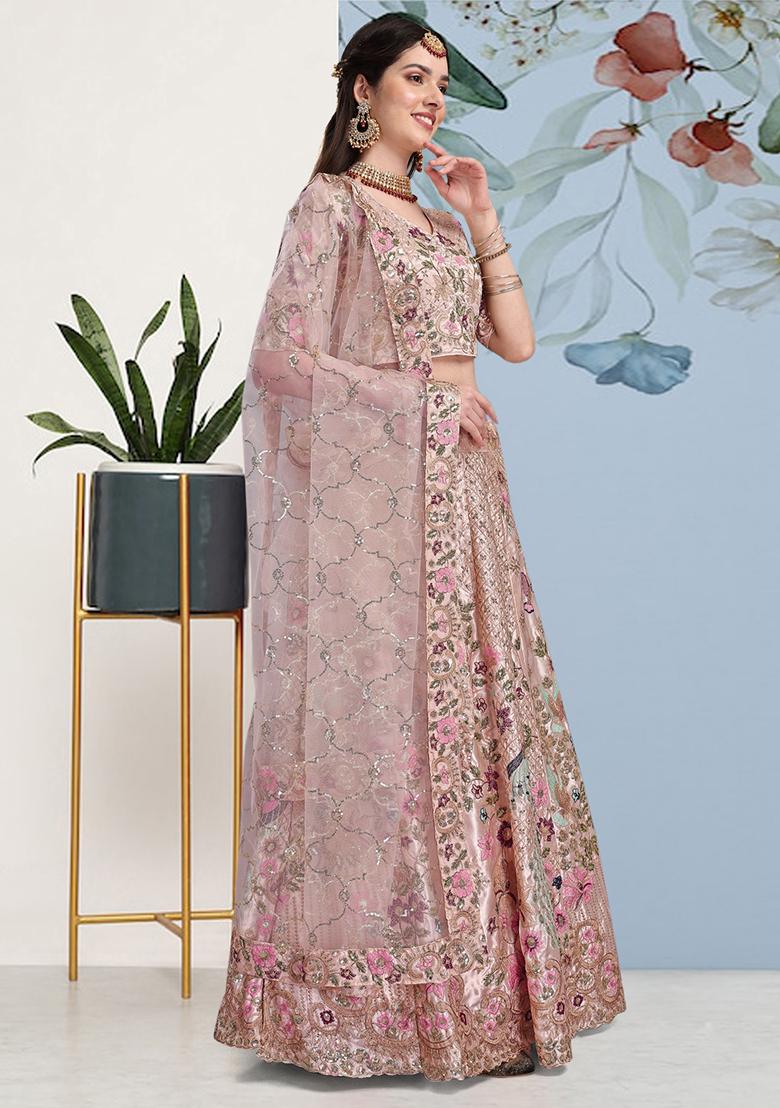 Pink Sequin Embroidered Satin Silk Lehenga Set