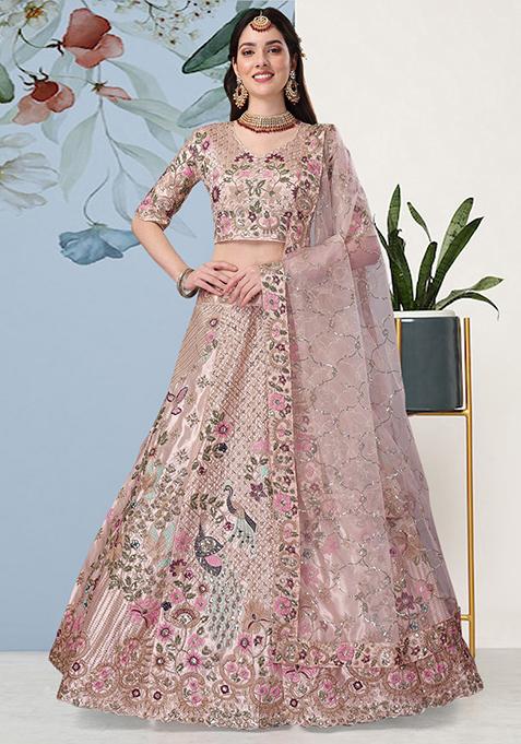 Pink Sequin Embroidered Satin Silk Lehenga Set