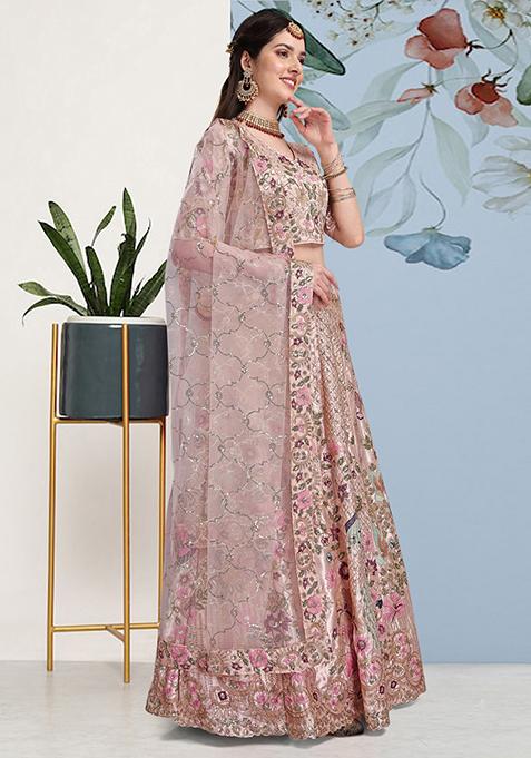 Pink Sequin Embroidered Satin Silk Lehenga Set
