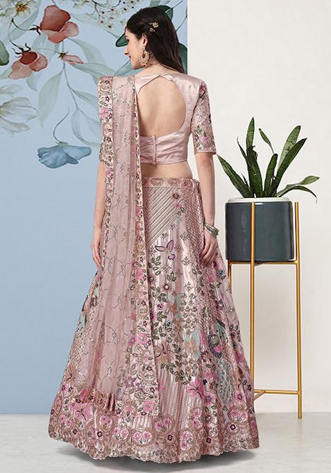 Pink Sequin Embroidered Satin Silk Lehenga Set