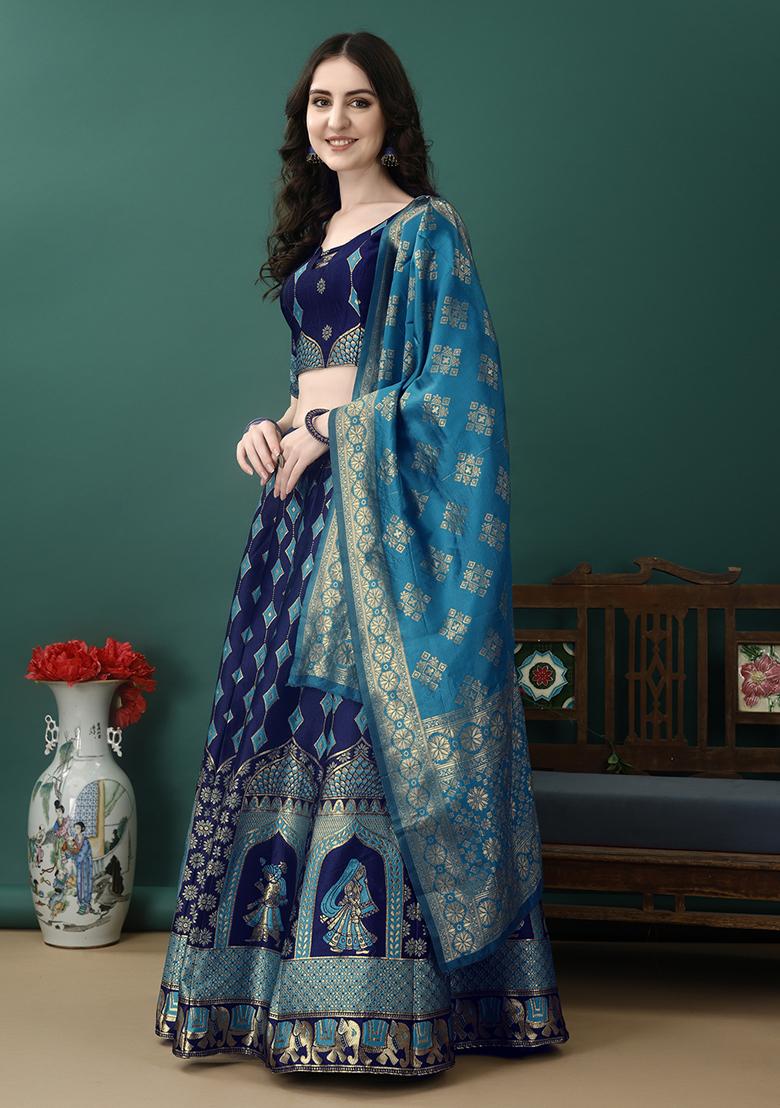 Navy Blue Embroidered Soft Silk Jacquard Lehenga Set