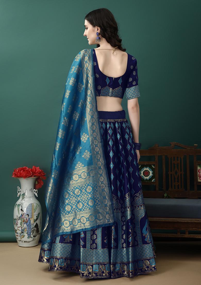 Navy Blue Embroidered Soft Silk Jacquard Lehenga Set