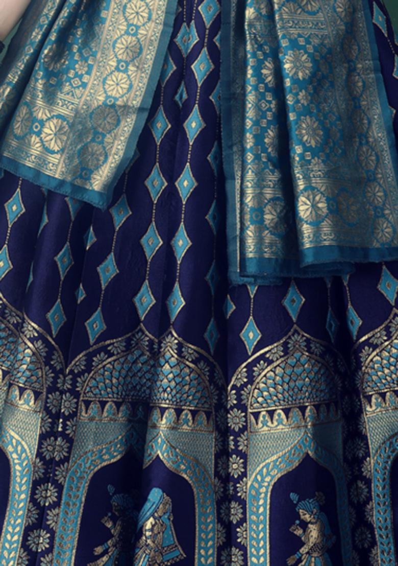 Navy Blue Embroidered Soft Silk Jacquard Lehenga Set